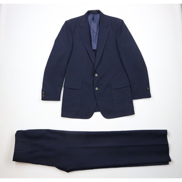 Vintage 70s Streetwear Mens 40R Knit 2 Piece Suit Jacket Blue Bell Bottoms 34x31